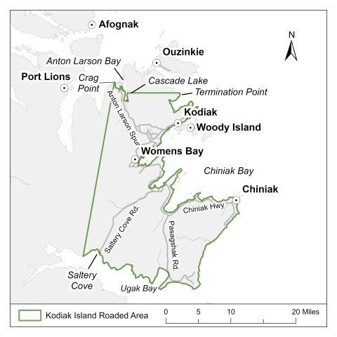 Map of Kodiak Island Roaded Area