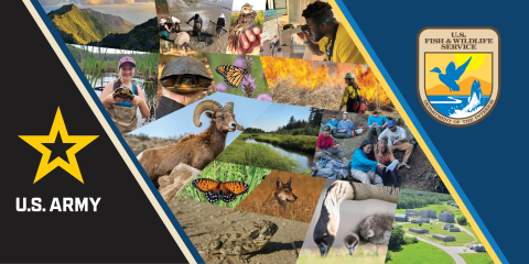 A photo collage features images of rolling green mountains, small birds held in hand, butterflies, sheep, wolves, geese, young adults, framed by the logos for the U.S. Army and the U.S. Fish ad Wildlife Service