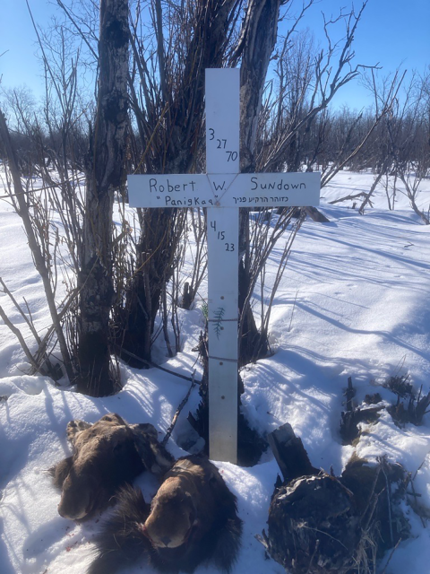 A white cross memorial in a snow covered landscape with vegetation in the background. 