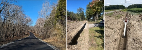 3 photos: Paved road through trees, ditch for pipe, ditch with Deteriorated pipe