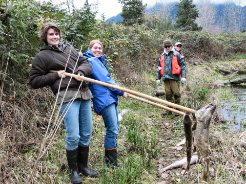 Two women hold long wooden poles with fish carcasses at the end. They stand in a marshy area. Two people in the background look on.
