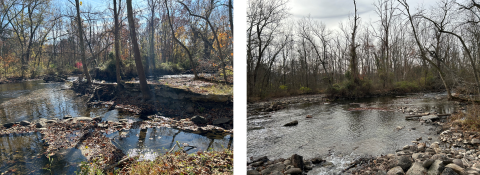 Side-by-side images of a dam before and after its removal
