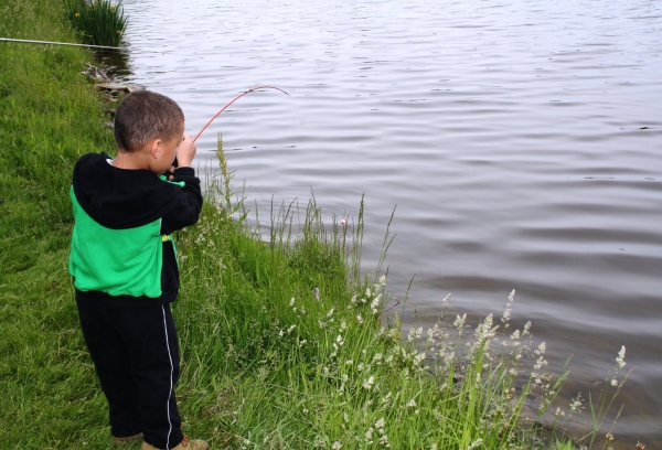 Child fishing along shore at public event.