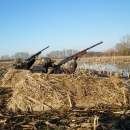 Two hunters in dirt camouflage bunker with shot guns raised to the sky. 