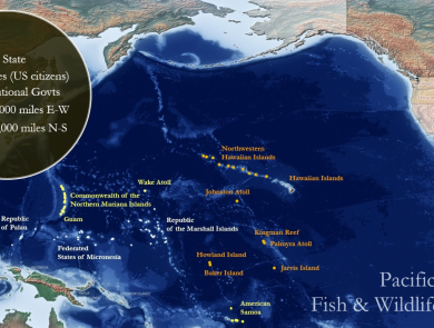 A map showing the Pacific Islands. The map shows the area of responsibility the Pacific Islands Fish and Wildlife Office hold across territories in the Pacific.