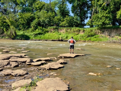 Three images, left man holding net, middle man standing in river, right man sitting at a lab desk with a microscope