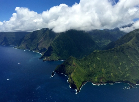 An aerial view of the north shore of the island of Moloka'i in the state of Hawai'i. 