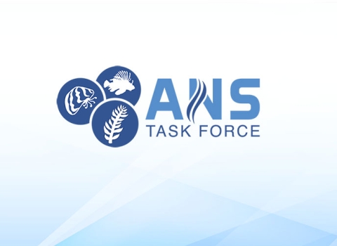 water background with ANS Task Force three circles with a fish, mussel, and plant