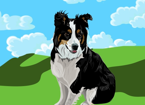 A rendering of a dog and a green butte