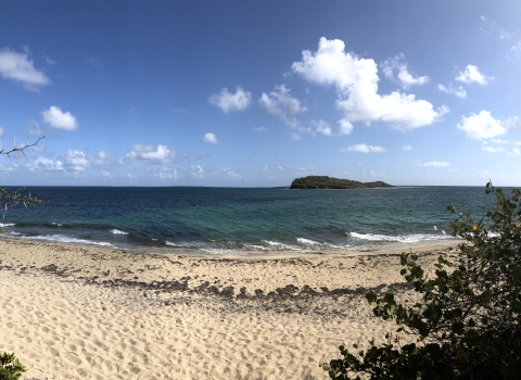 A white sandy beach with an island in the distance.