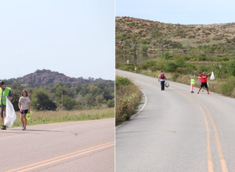 2 photos of people on road with trash bags