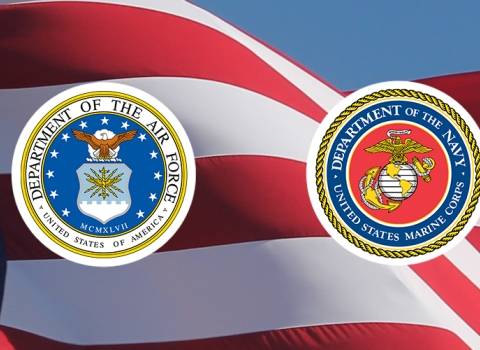 Military seals superimposed on waving flag