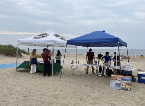 people gather under two shelters on a sandy beach with a cloudy sky behind