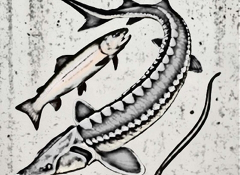 A stylized image of three fish, to the left a salmonid, in the middle, a larger sturgeon with a pointy nose and fins, and to the right a long, eel shaped Pacific lamprey