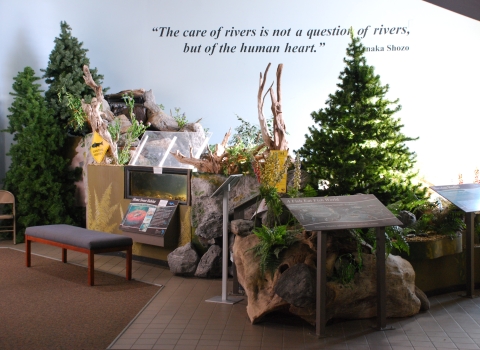 A wood and fiberglass replica of a stream called a Living Stream. 