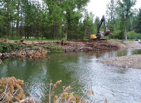 A piece of construction equipment on a river in a forest