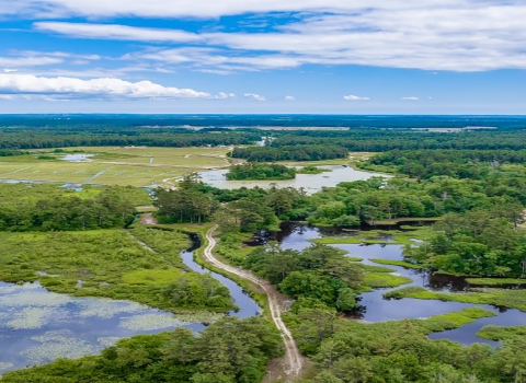 An aerial view of Weweantic River wetlands