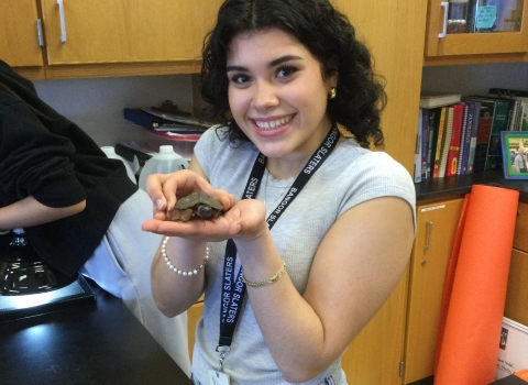 Bangor High School student with wood turtle head-start