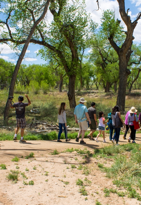 A group of school-age kids walking along a path in a dry environment