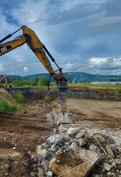 Heavy equipment on a dirt landscape with green vegetation and blue skies above