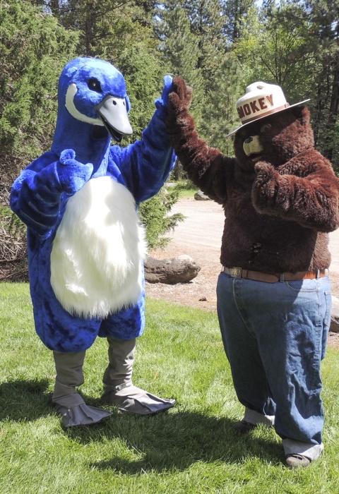 Blue Goose, "Puddles" and "Smokey the Bear" give each other a high five