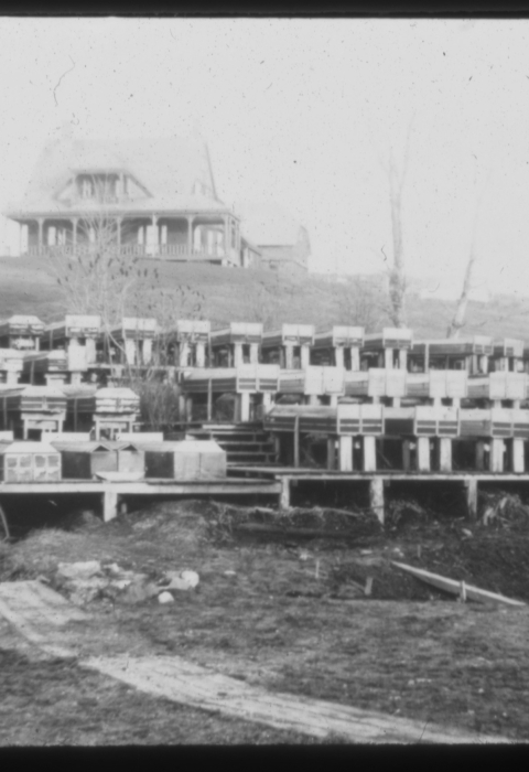 Black and white image of large wodden boxes on the side of a hill