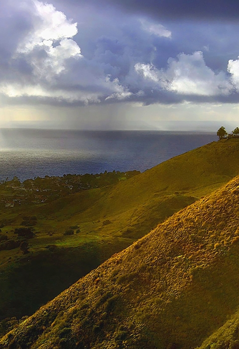 vegetated land sloping towards the Pacific Ocean with rays of sunlight appearing through clouds