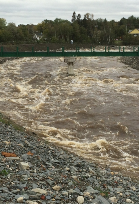 a high bridge lets rushing water course down a river 
