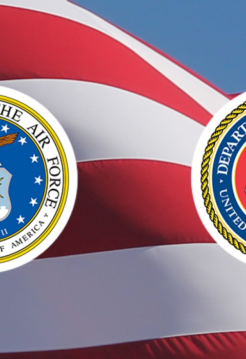 Military seals superimposed on waving flag