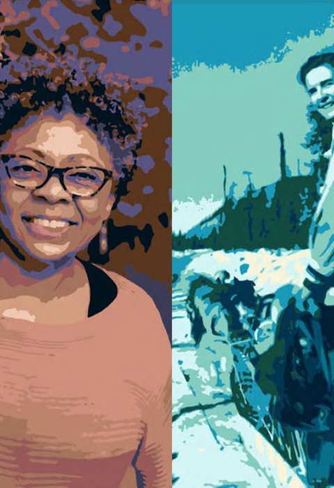 Color-blocked graphic of Mollie Beattie, Mamie Parker, Celia Hunter and Rachel Carson