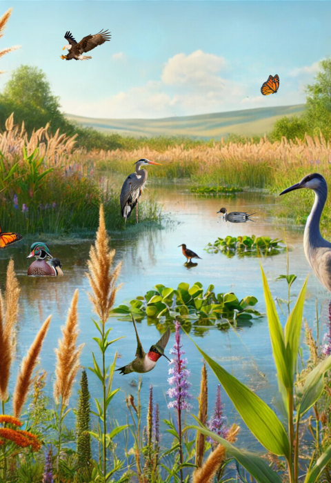 Graphic with a biodiverse wetland of plants and various bird species