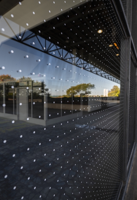 two inch dot pattern applied to windows along a large building