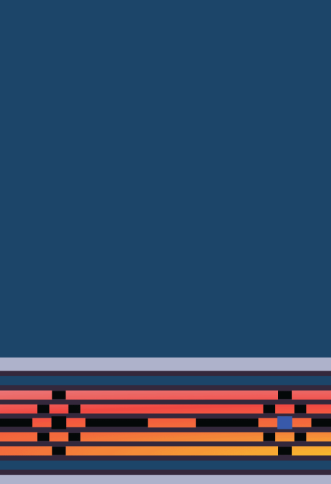 A blue background with a geometric design in orange and pink