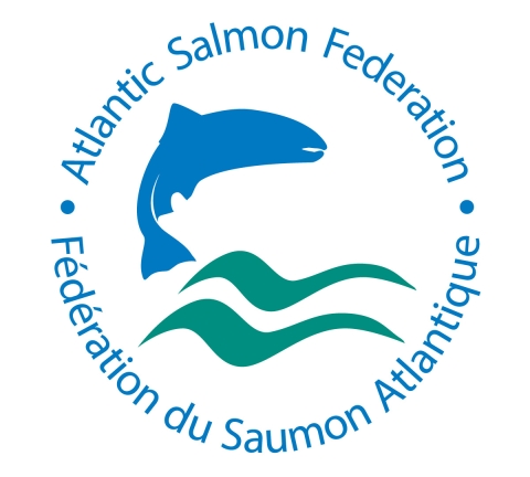Logo of the Atlantic Salmon Federation and its French counterpart, Fédération du Saumon Atlantique, featuring stylized text in an artistic font.
