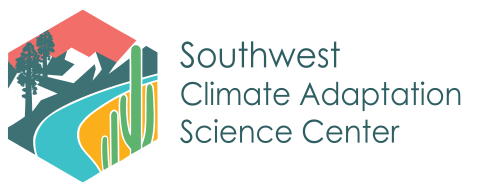 Logo for the Southwest Climate Adaptation Science Center. Logo includes a river, cactus, grassland, and mountain scene.
