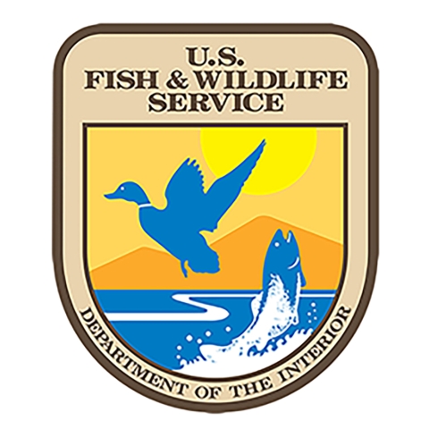 USFWS Logo with blue fish jumping out of water below a blue duck with the text U.S. Fish & Wildlife Service, Department of the Interior