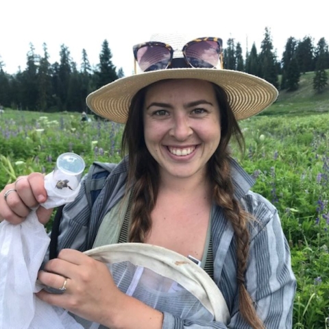 A woman with a wide brimmed hat on holding a net in an alpine meadow