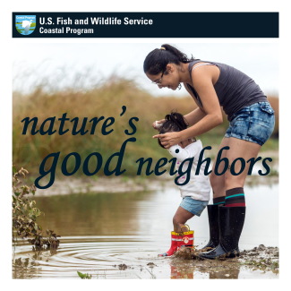 Natureʻs Good Neighbor Brochure Cover with sister holding younger sister's hands standing at the waters edge in a tidal marsh. 