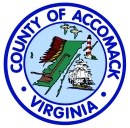 Outline of the Eastern Shore of Virginia with ducks, a ship, lighthouse, old style plow and a headdress surrounded by words County of Accomack Virginia