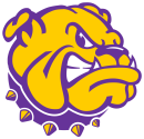 Western Illinois University logo. Yellow bulldog with purple collar