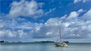 A visiting sailboat at Palmyra Atoll National Wildlife Refuge.