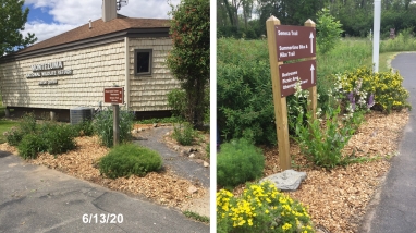 A photograph of the current Montezuma NWR visitor center building (tan building with brown roof) and garden area.