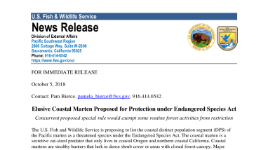 2018 News Release 12-month finding on a petition to list the coastal DPS of the Pacific marten as endangered or threatened