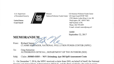 II.D.1 Claim: J05003-OI03 -M/V Selendang Ayu Oil Spill Assessment Costs