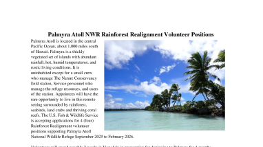 Palmyra Atoll NWR rainforest realignment job opportunity - Mid-September 2025 - early February 2026