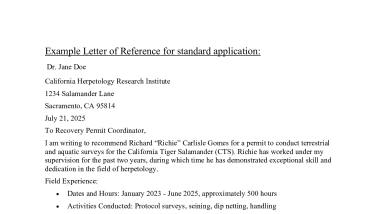 Example Letter of Reference for Standard Recovery Permit Application