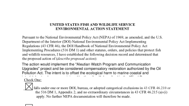U.S. Fish and Wildlife Service Environmental Action Statement for the Final Restoration Plan for Marine Resources for the M/V Selendang Ayu Oil Spill