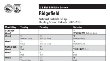 Ridgefield National Wildlife Refuge Waterfowl Program Details for 2025-26 Season