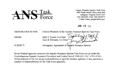 Interagency Agreement of Aquatic Nuisance Species