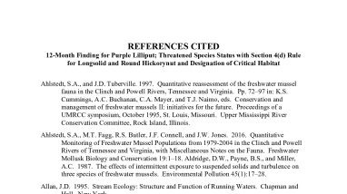 References cited for the 12-month findings for purple liliput, round hickorynut, and longsolid mussels